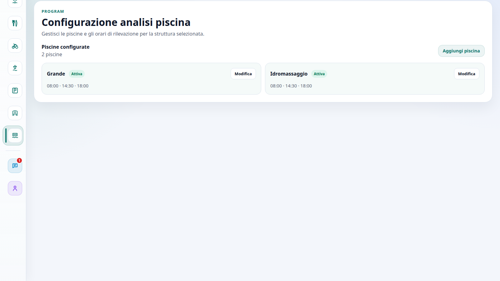 Configurazione delle piscine e degli orari di rilevazione