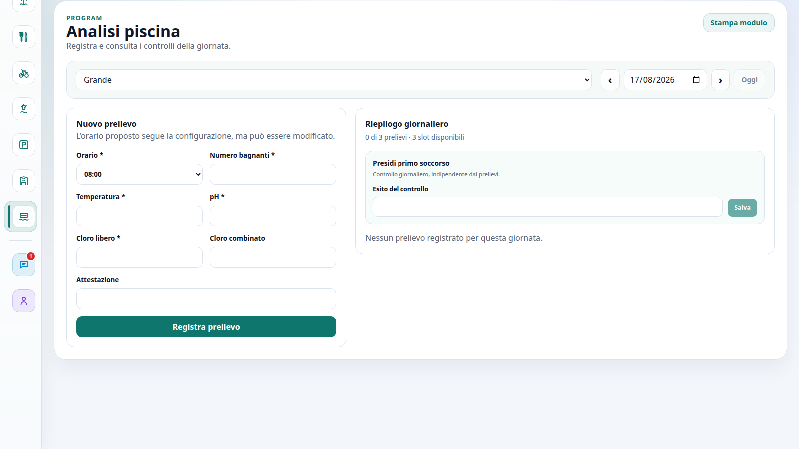 Form per registrare un nuovo prelievo nel modulo Analisi piscina